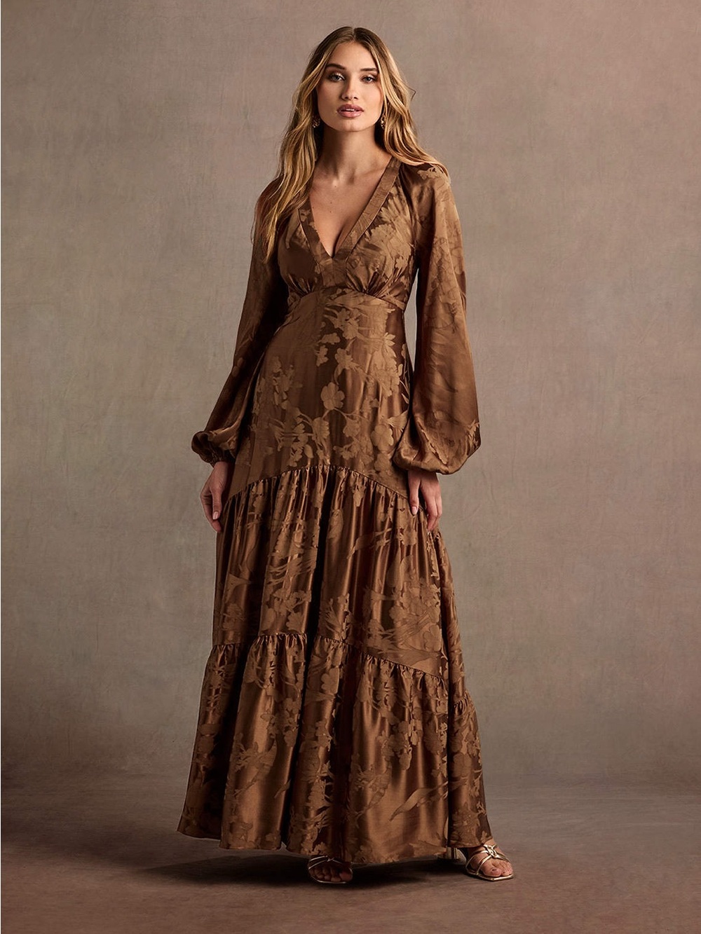 Azazie Brown Long Sleeve V‑Neck Tiered Maxi Dress